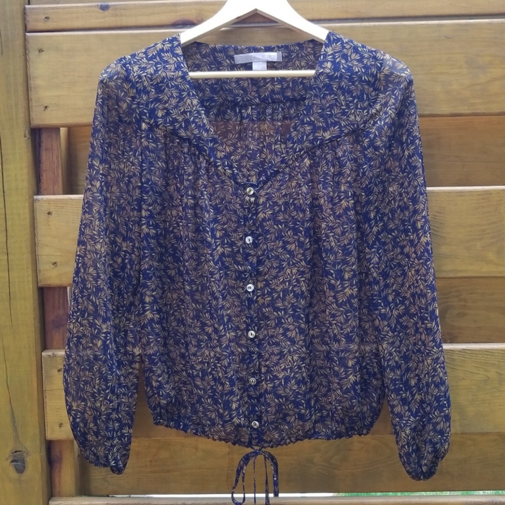 Sheer Navy & Tan Leaf Print Button-front Blouse